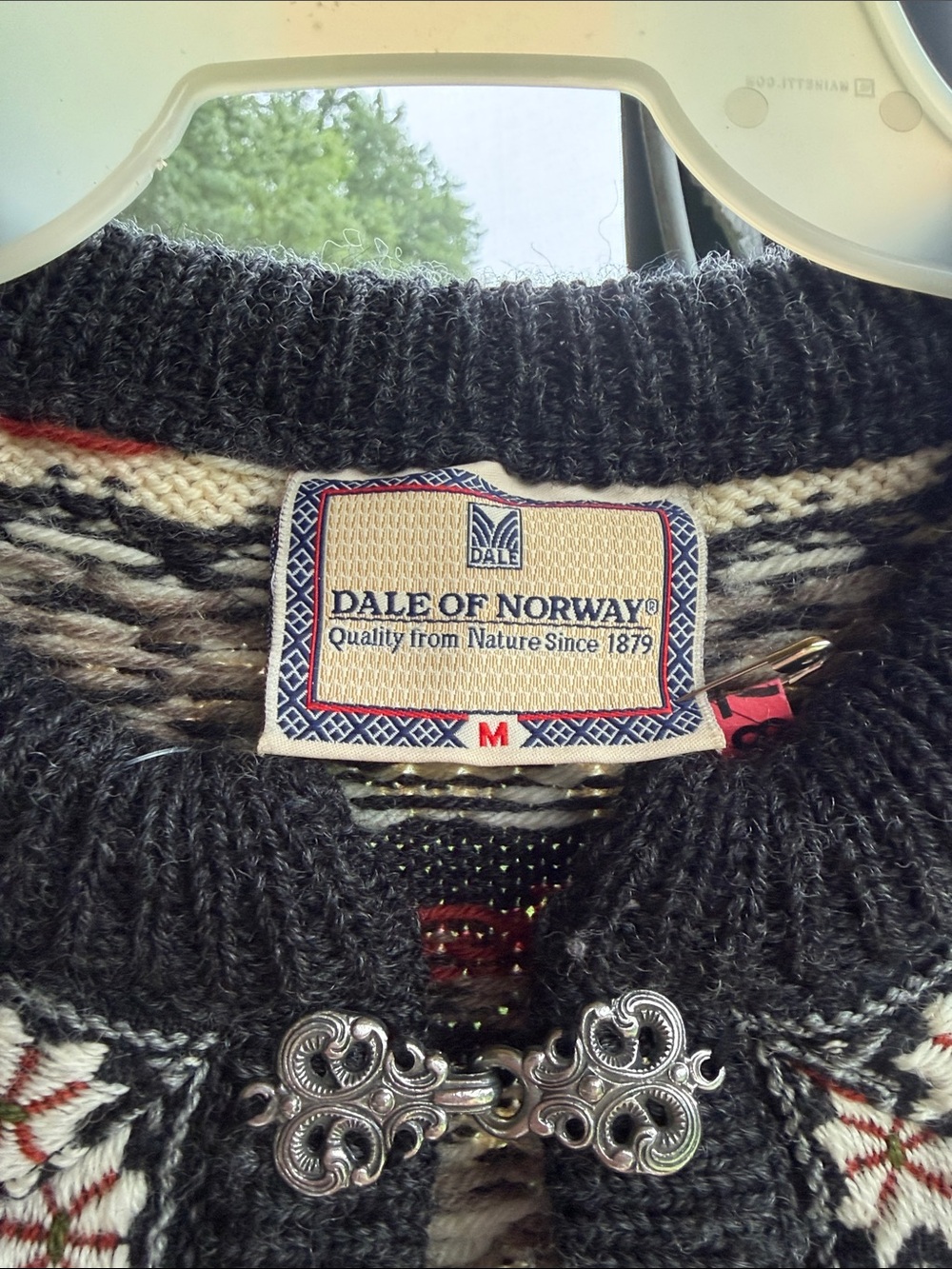 Black & Cream Norwegian Wool Cardigan with Red Accents - Picture 2 of 8